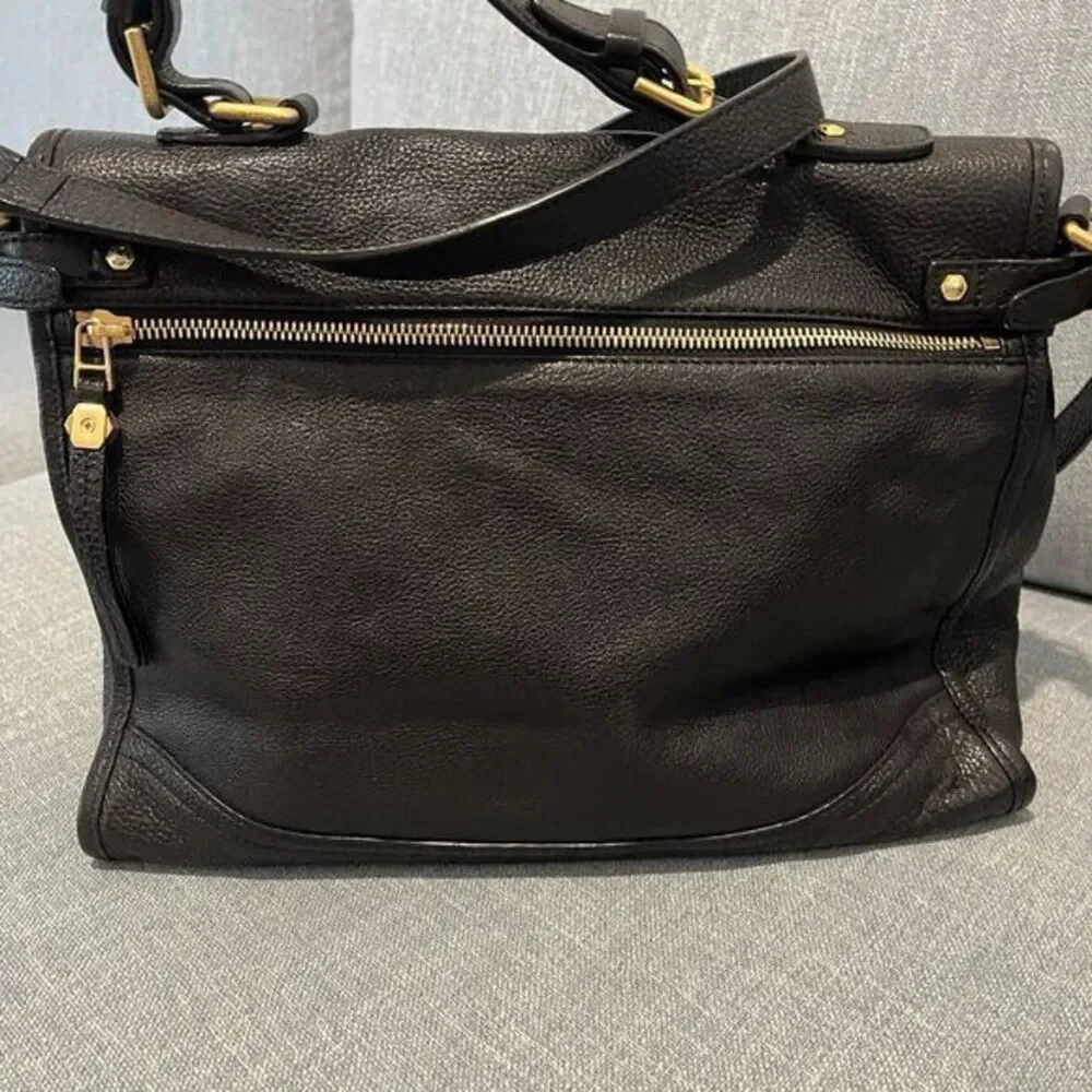 Beanpole Black‎ Pebbled Leather Satchel Crossbody Bag Gold Hardware Suede Trim